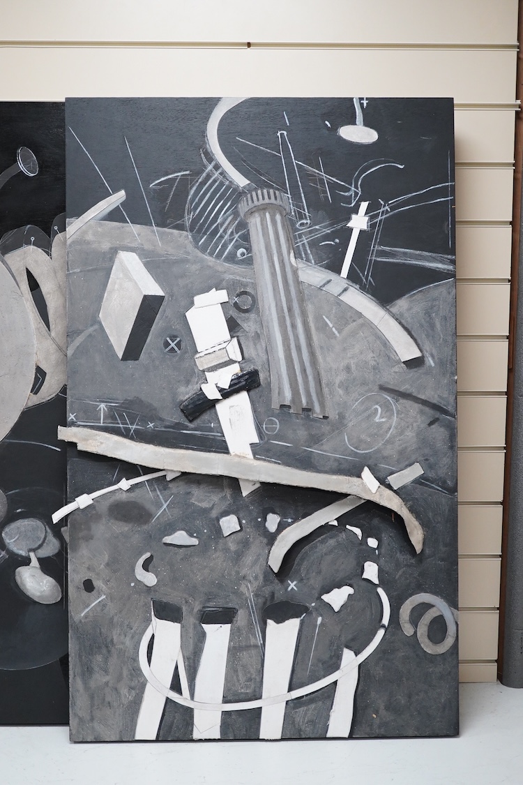 Gus Cummins, Abstract composition, tryptych oils and mixed media collage on board, Royal Academy of Arts Summer Exhibition 2007 label verso, unframed, 104 x 63cm